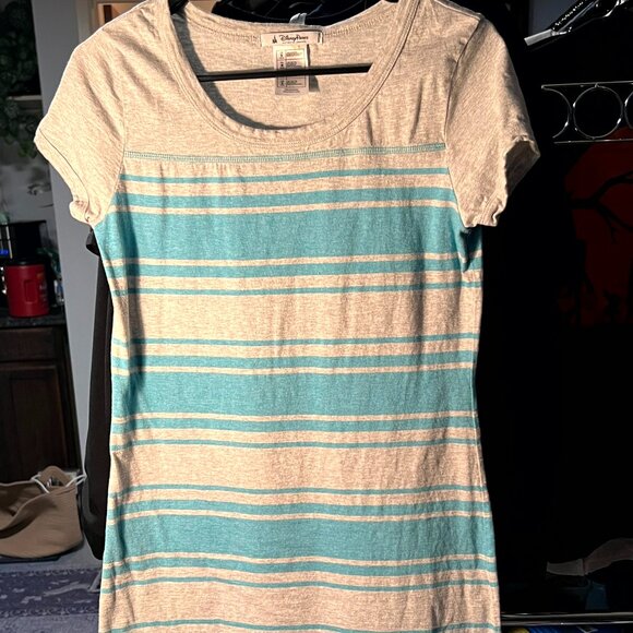 Disney Parks Grey and Aqua Striped Fitted Dress w Embroidered Mickey SZ Small - Picture 1 of 5
